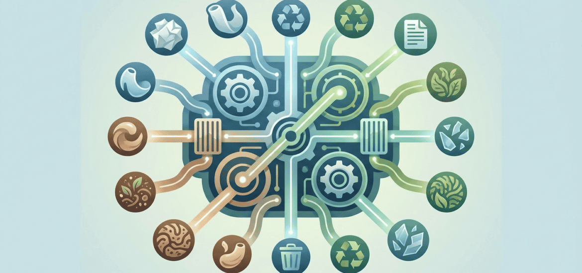 Illustration of interconnected icons representing technology, innovation, and environmental sustainability, highlighting eco-friendly solutions and modern digital tools.