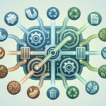 Illustration of interconnected icons representing technology, innovation, and environmental sustainability, highlighting eco-friendly solutions and modern digital tools.