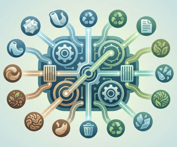 Illustration of interconnected icons representing technology, innovation, and environmental sustainability, highlighting eco-friendly solutions and modern digital tools.