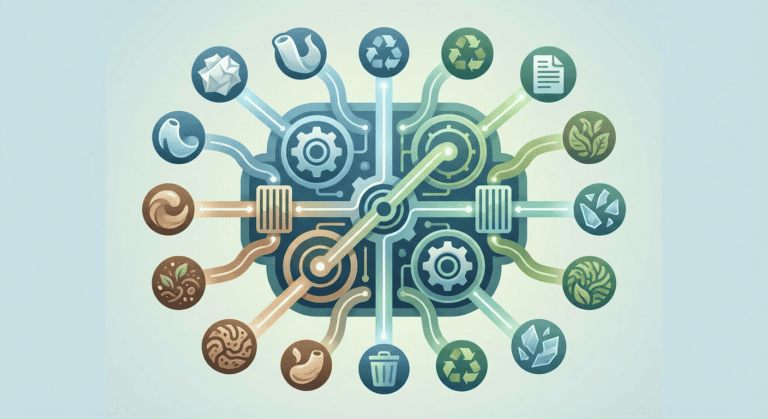 Illustration of interconnected icons representing technology, innovation, and environmental sustainability, highlighting eco-friendly solutions and modern digital tools.