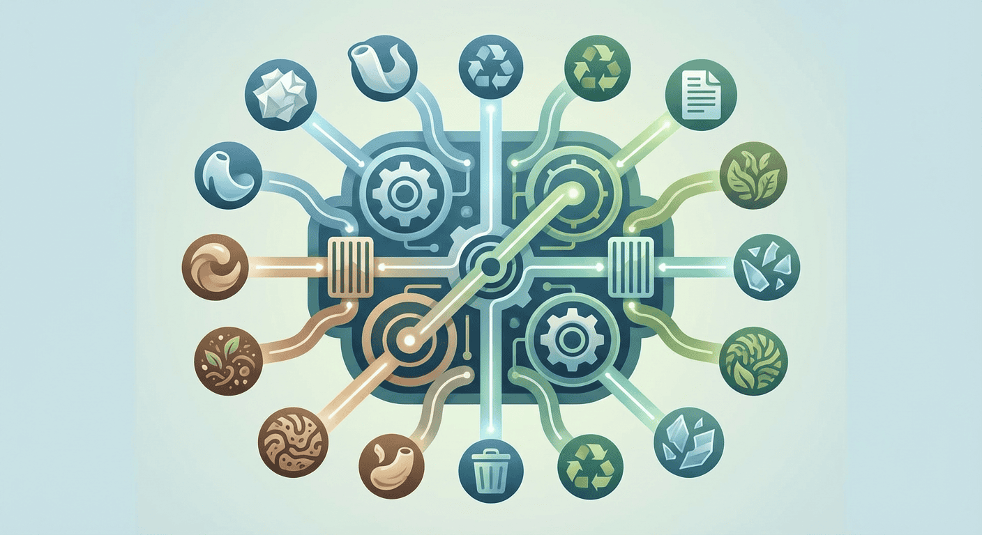 Illustration of interconnected icons representing technology, innovation, and environmental sustainability, highlighting eco-friendly solutions and modern digital tools.
