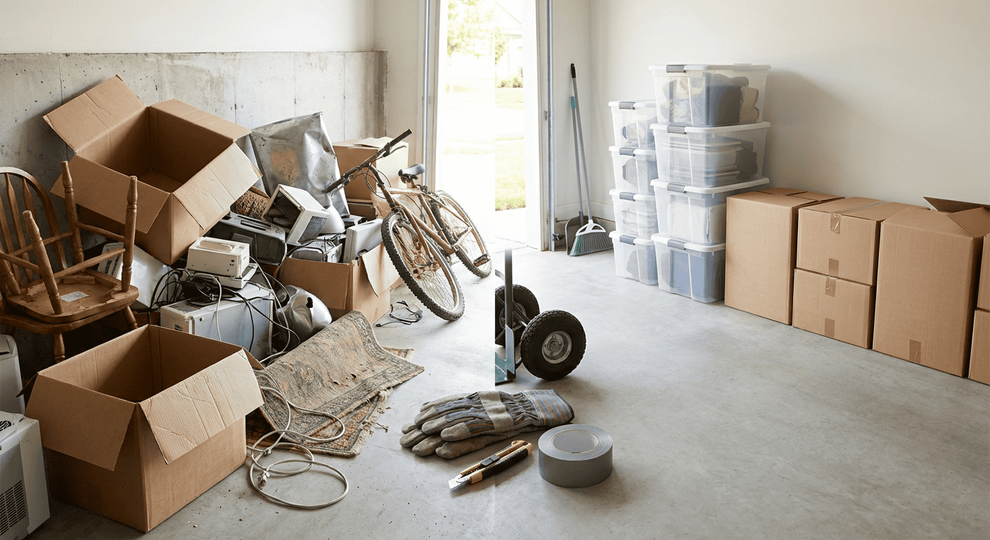 A cluttered storage space filled with open boxes, electronic devices, a bicycle, and various tools, indicating a recent move or storage organization.