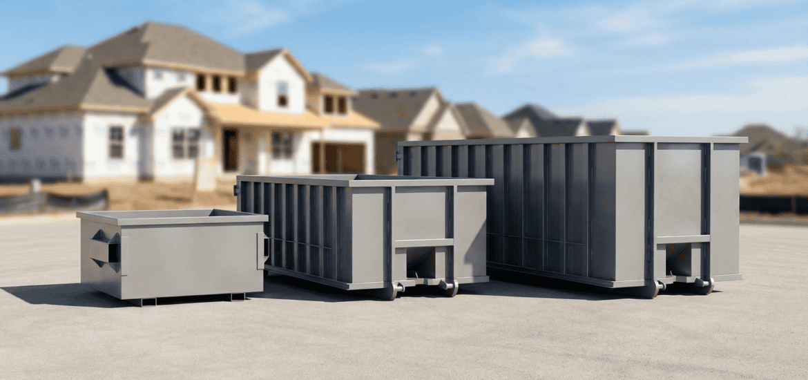 Waste disposal containers for construction debris on a paved surface in a suburban area.