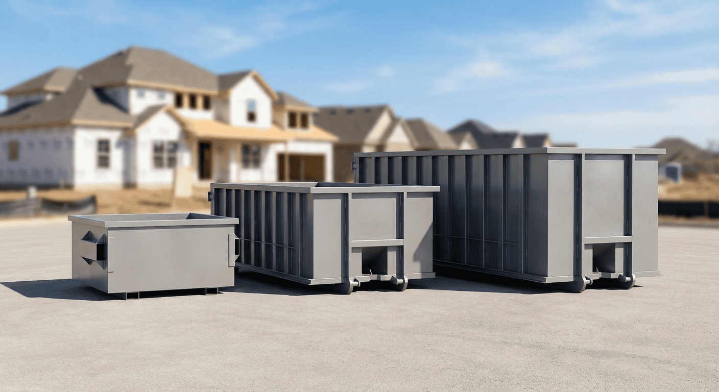 Waste disposal containers for construction debris on a paved surface in a suburban area.