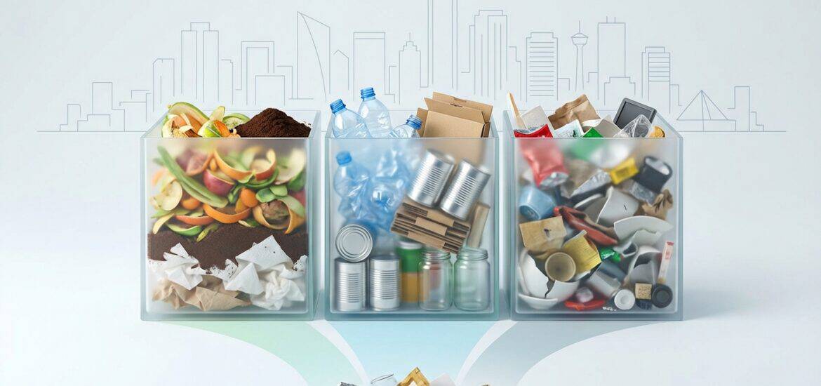 Efficient waste separation with three labeled recycling bins for paper, plastics, and metals. Promotes eco-friendly disposal and environmental sustainability.