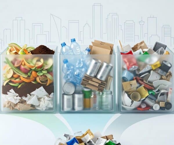 Efficient waste separation with three labeled recycling bins for paper, plastics, and metals. Promotes eco-friendly disposal and environmental sustainability.