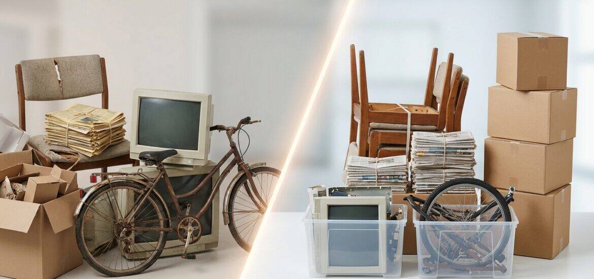 Bicycle parked next to stacks of papers, a vintage computer monitor, and cardboard boxes, indicating a workspace or moving setup.