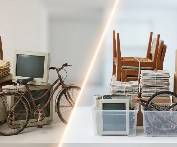 Bicycle parked next to stacks of papers, a vintage computer monitor, and cardboard boxes, indicating a workspace or moving setup.