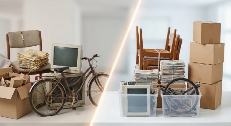 Bicycle parked next to stacks of papers, a vintage computer monitor, and cardboard boxes, indicating a workspace or moving setup.