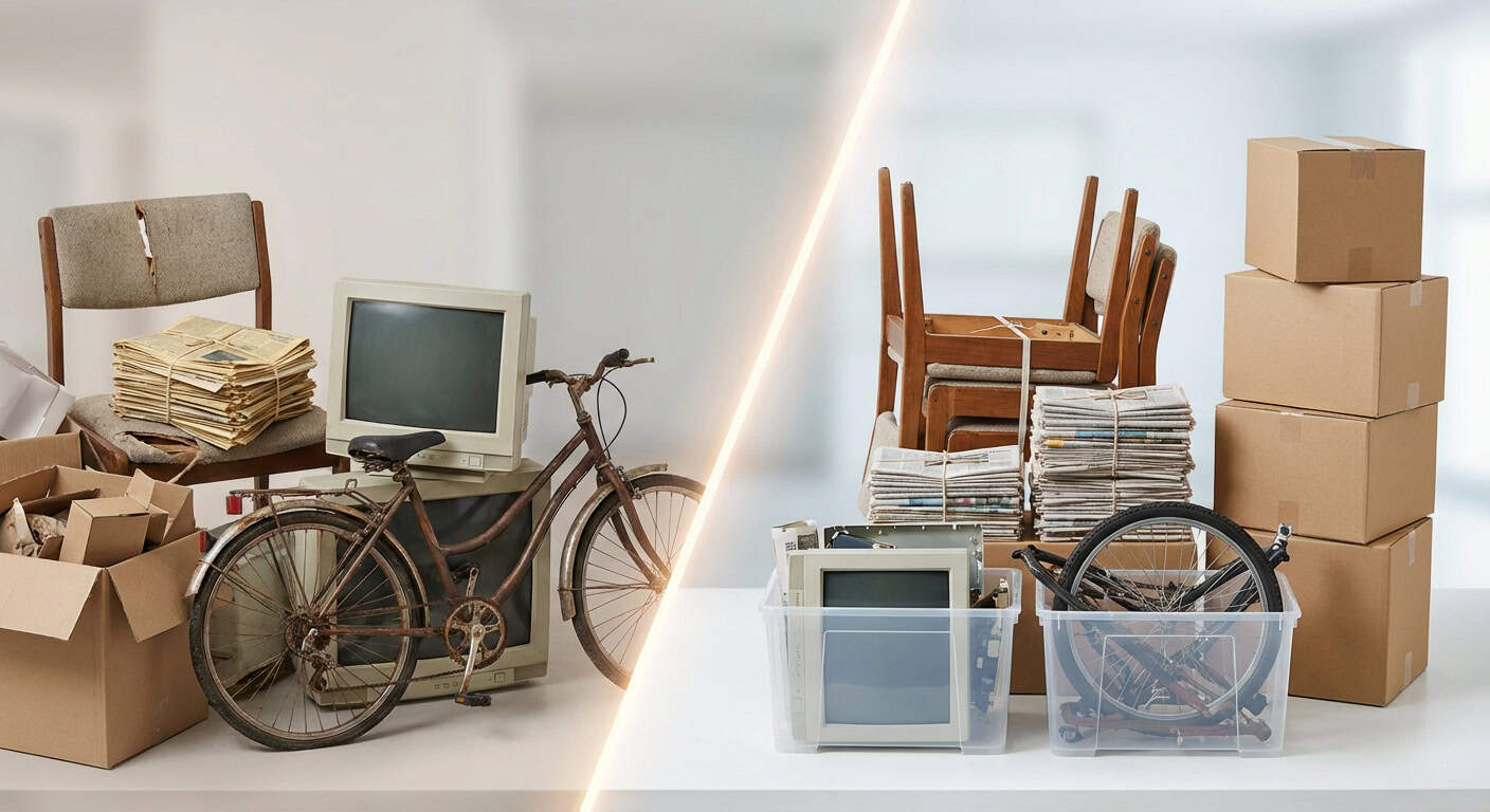Bicycle parked next to stacks of papers, a vintage computer monitor, and cardboard boxes, indicating a workspace or moving setup.