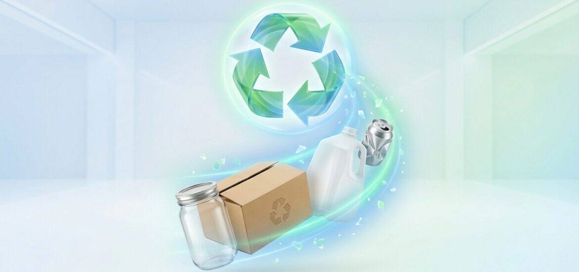 Recycling symbols and eco-conscious waste management with plastic bottles, jars, and cardboard.