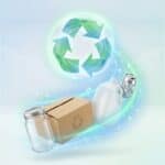 Recycling symbols and eco-conscious waste management with plastic bottles, jars, and cardboard.