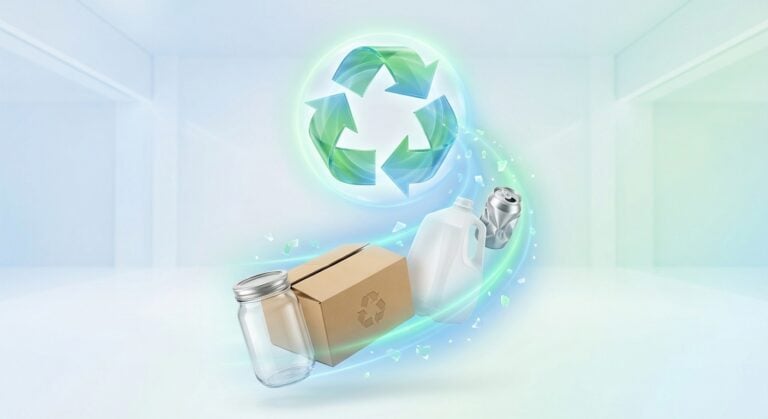 Recycling symbols and eco-conscious waste management with plastic bottles, jars, and cardboard.