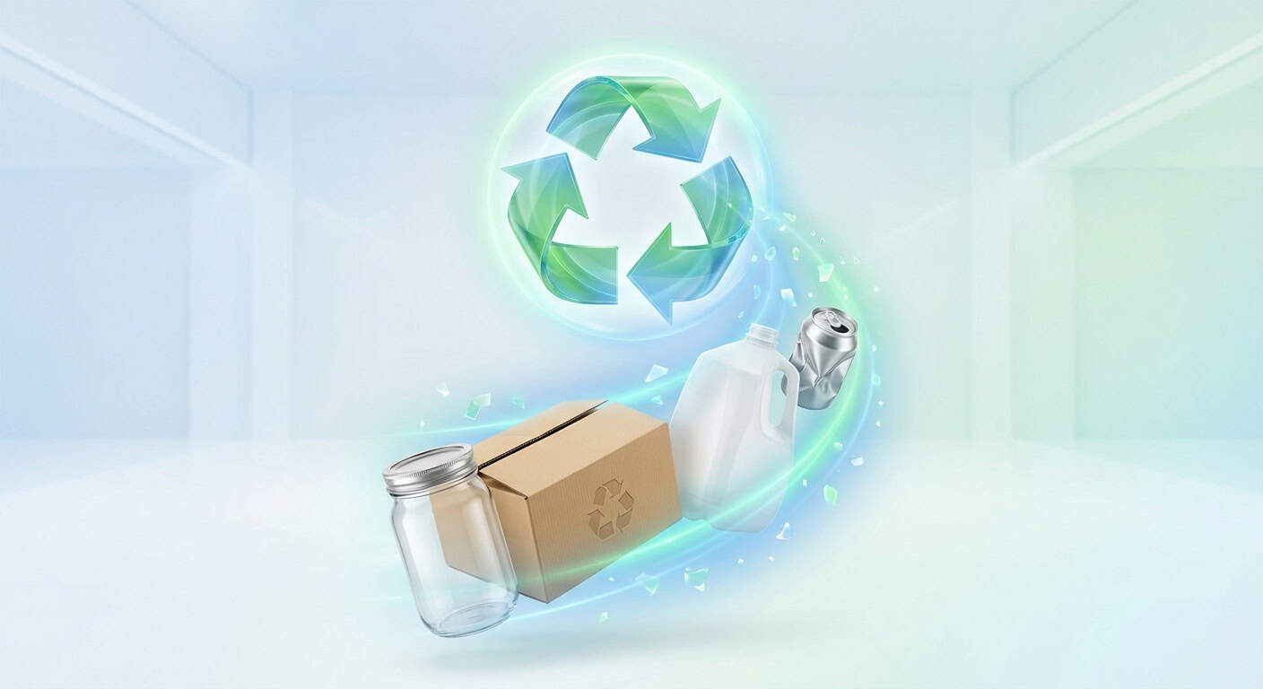 Recycling symbols and eco-conscious waste management with plastic bottles, jars, and cardboard.